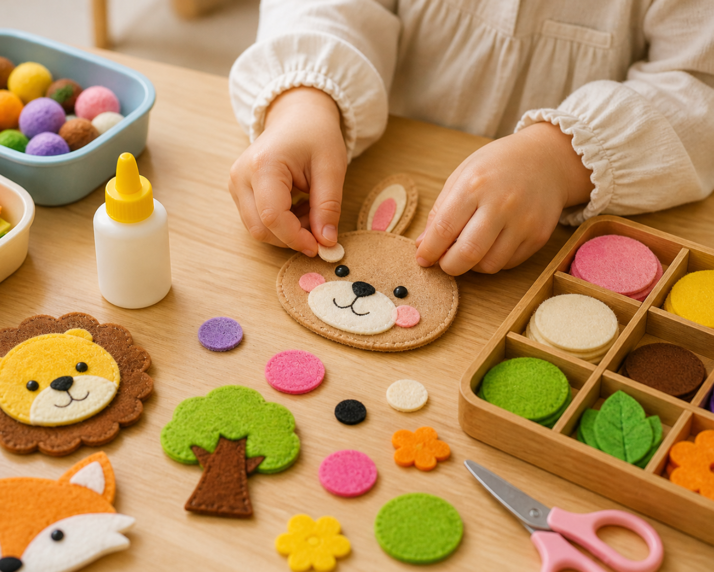 Close-up of small hands layering and placing felt pieces